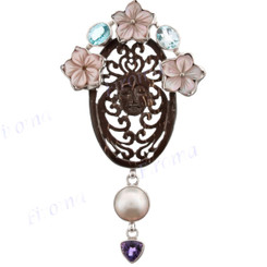 3 3/8" 925 Silver Blue Topaz Amethyst Mother Of Pearl Shell Goddess Pendant