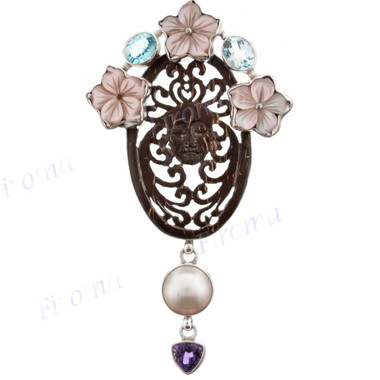 3 3/8" 925 Silver Blue Topaz Amethyst Mother Of Pearl Shell Goddess Pendant