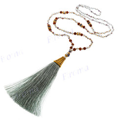 Dried Berry Seeds 4mm Glass Beads Brass us 32" Grey Tassel Necklace Pendant