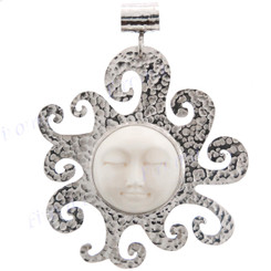 2 3/8" 925 Sterling Silver Buffalo Bone Face Sun us Pendant