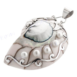 2 11/16" 925 Silver Freshwater Pearl Nautilus Shell Pendant