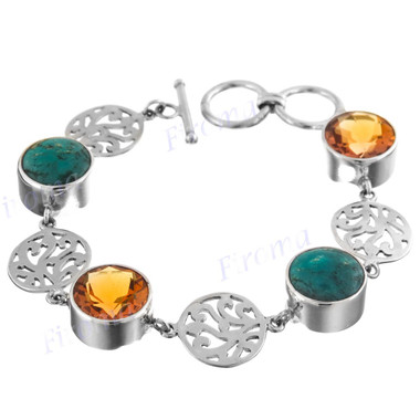 925 Silver Genuine Turquoise Citrine us 8" Toggle Bracelet