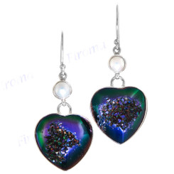 925 Silver Peacock Purple Green Drusy Biwa Pearl Earrings