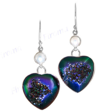 925 Silver Peacock Purple Green Drusy Biwa Pearl Earrings