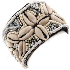 Glass Seed Beads Cowry Shells us 7" Silver Cream Bracelet