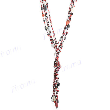 Mother Of Pearl Chips Bugle us 34" Lariat Tassel Necklace