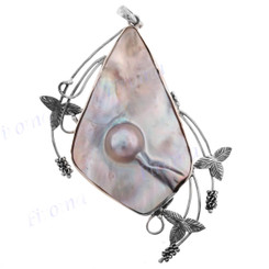 3" 925 Sterling Silver Mabe Pearl In Shell Leaf us Pendant
