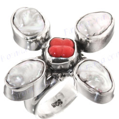 1" 925 Silver Biwa Pearl Red Coral us 5 Ring