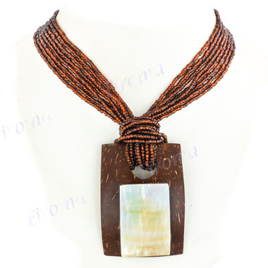 Mother Of Pearl Coconut Shell Seed Beads 18" Bronze Necklace