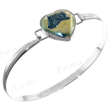 925 Silver Agate Druzy Teardrop 7" Titanium Bangle Bracelet