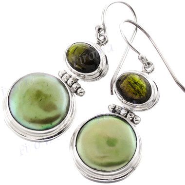 1" 925 Silver Tourmaline Biwa Pearl French Wires Earrings