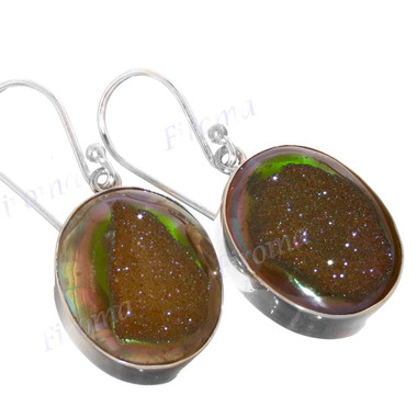 1" 925 Silver Granny Apple Drusy Oval French Wires Earrings