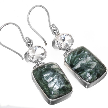 925 Silver 8ct White Quartz Chatoyant Seraphinite Earrings, 1 7/16"