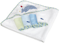 Hooded Terry Bath Towel with 4 Washcloths, Blue Whale