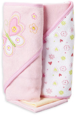2 Hooded Towel with 2 Washcloths, Pink Butterfly