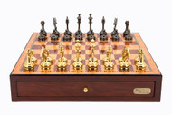 Dal Rossi Mahogany Finish 45cm Chess Board with Staunton Brass Cap Chess Pieces