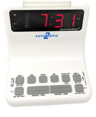 DEAFWORKS Futuristic 2 Dual Alarm Clock with Flashing or Steady Light mode and Dual USB Charging Ports - White