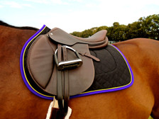 Black with Purple Trim and Yellow Piping Horse Saddle Pad Front View