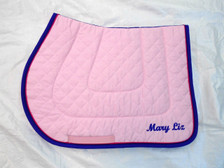 Pink Embroidered Saddle Pad with Purple Trim and Raspberry Piping Side View