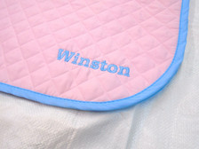 Pink with Light Blue Trim Horse Baby Pad with Embroidery Text Close Up