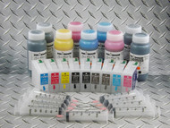 Refillable cartridge kit for Epson Pro 3800 with 9 x refillable cartridges and 1 x 8 oz bottle of Absolute Black ink for making Screen Separations and 8 x 8 oz bottle of Cave Paint Elite Enhanced color pigment inks (requires set of chips from origina
