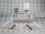 Refillable Cartridge Kit for Epson Photo R3000 with 1 x 4 oz bottle of i2i Absolute Black dye ink for making Screen Separations, 1 x 8 oz bottle of i2i Absolute Clear ink, and 1 x 8 oz bottle of Dead Head cleaning fluid.