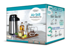 We have combined our highly popular Air Still with the 10 L Companion Pack, and Fermentation Kit into one complete box to simplify the offering, making it even easier for those new to distilling to get into the hobby quickly and easily. 

The Air Still Mini Distillery Kit contains everything you need to distil water, 
essential oil (minus the botanicals) and up to 2 L of vodka. Packaged in an 
attractive Still Spirits designed box.

ABOUT THE AIR STILL
This compact and sleek stainless steel Air Still is designed for alcohol, water and oil distillate. The Air Still is extremely easy to use, requires no water and is powered by electricity making it great to use in your kitchen, boat, or campervan. Perfect for distilling small quantities at one time. 

Suitable for new distillers, no experience required! 

Kit includes: 
• Air Still
• 10 L Fermenter with Thermometer
• Carbon Filter System with Spirit Collector
• Mixing Spoon
• Distilling Conditioner
• Boil Enhancers 
• Air Still Fermentation Kit (Turbo Yeast & Nutrients,Turbo Carbon, Turbo Clear for making a wash)
• 2 x Flavoured Vodka Essences (for flavoured water or vodka)
• Hydrometer
• Instructions
 

REVIEWS


see more reviews