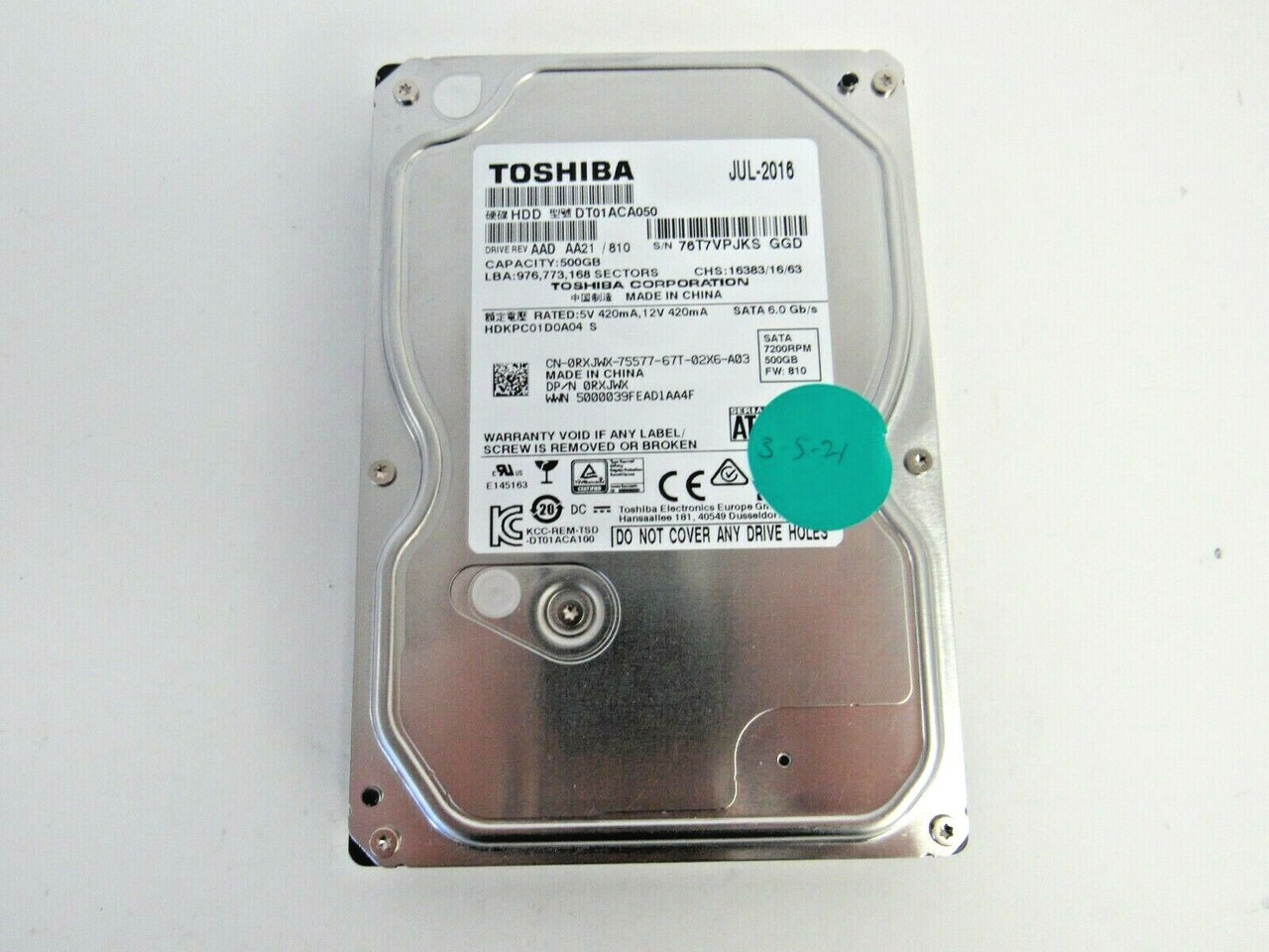 Dell RXJWX Toshiba DT01ACA050 500GB 7200RPM SATA 6Gbps 32MB Cache 3.5" HDD  8-3 - All Things Surplus