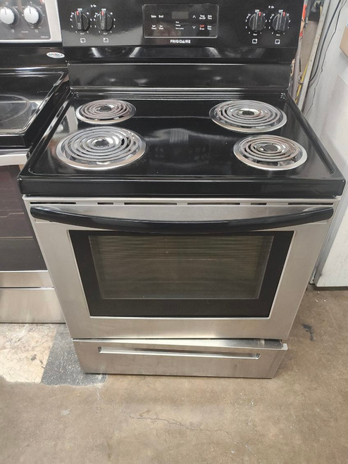 FRIGIDAIRE 30 INCH FREE STANDING ELECTRIC RANGE COIL BURNERS 2 LARGE 2 SMALL SELF CLEANING OVEN STORAGE DRAWER BLACK AND STAI LESS LOCATED IN OUR PORTLAND OREGON APPLIANCE STORE