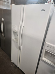 AMANA 26 CUBIC FOOT SIDE BY SIDE WITH ICE AND WATER AT DOOR GLASS SHELVES 2 CRISPER DRAWES 1 DELI DRAWER 3 WIRE SHELVES IN FREEZER PLUS PULL OUT BASKET WHITE LOCATED IN OUR PORTLAND OREGON APPLIANCE STORE SKU 18585