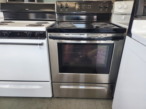 FRIGIDAIRE 30 INCH FREESTANDING ELECTRIC RANGE COIL BURNERS 2 SMALL 2 LARGE SELF CLEANING OVEN STAINLESS FRONT BLACK TOP LOCATED IN OUR PORTLAND OREGON APPLIANCE STORE SKU 18729