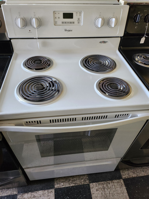 WHIRLPOOL 30 INCH FREESTANDING ELECTRIC RANGE COIL BURNERS 2 LARGE 2 SMALL KEEP WARM OPTION SELF CLEANING OVEN WHITE LOCATED IN OUR PORTLAND OREGON APPLIANCE STORE SKU 18750