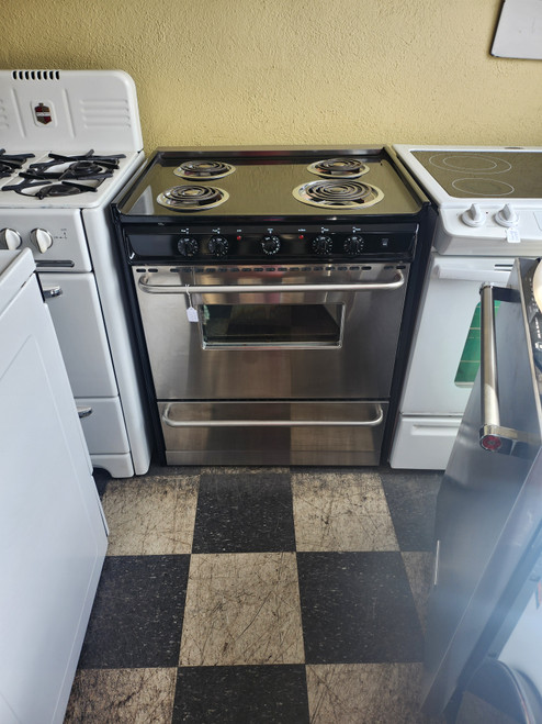 Summit 30 Inch Freestanding Electric Range with 4 Coil Burners, 3.7 cu. ft. Oven Capacity, Storage Drawer, Oven Window, Adjustable Oven Racks Indicator Lights, Waist-High Broiler BLACK AND STAINLESS LOCATED IN OUR PORTLAND OREGON APPLIANCE STORE SKU 18927