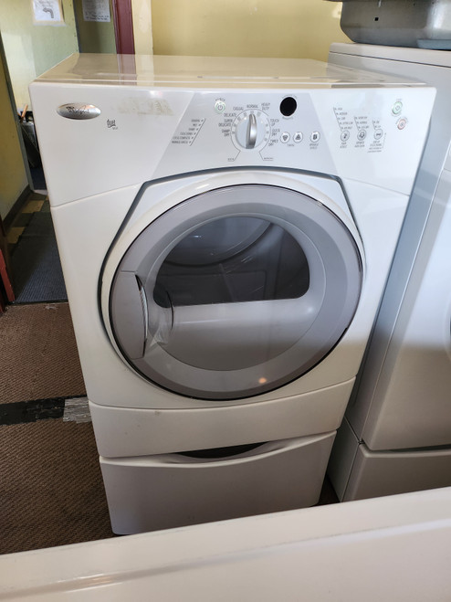Whirlpool Duet Sport 27 Inch Electric Dryer with 6.7 cu. ft. Capacity, 9 Cycles, 5 Temperatures Option Interior Drum Light with Pedestal White with Grey Accents LOCATED IN OUR PORTLAND OREGON APPLIANCE STORE SKU 18971