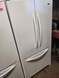 AMANA 25 CUBIC FOOT FRENCH DOOR REFRIGEATOR WITH ICE MAKER AND INTERNAL WATER DISPENSER GLASS SHELVES 2 CRISPER DRAWERS 1 LARGE PANTRY DRAWER PULL OPEN FREEZER DOOR WHITE LOCATED IN OUR PORTLAND OREGON APPLIANCE STORE SKU 19142