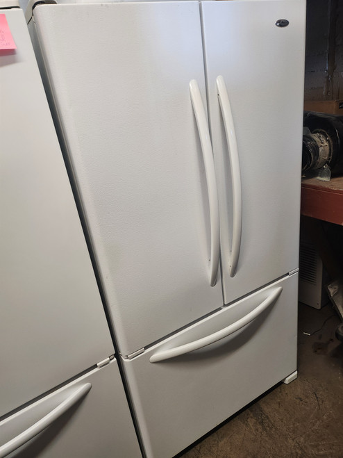 AMANA 25 CUBIC FOOT FRENCH DOOR REFRIGEATOR WITH ICE MAKER AND INTERNAL WATER DISPENSER GLASS SHELVES 2 CRISPER DRAWERS 1 LARGE PANTRY DRAWER PULL OPEN FREEZER DOOR WHITE LOCATED IN OUR PORTLAND OREGON APPLIANCE STORE SKU 19142