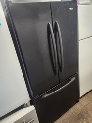 AMANA 25 CUBIC FOOT FRENCH DOOR REFRIGERATOR BOTTOM FREEZER WITH ICE MAKER GLASS SHELVES 2 CRISPER DRAWERS LARGE DELI DRAWER PULL OPEN FREEZER DOOR BLACK LOCATED IN OUR PORTLAND OREGON APPLIANCE STORE SKU 19278