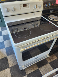 30 Inch Freestanding Electric Range with 6.2 cu. ft. Precision Cooking Convection Oven, 5 Smooth top Elements, 10 Inch 3200W Power Burner, Variable Broil, Storage Drawer, Aqua Lift Self-Clean and Sabbath Mode: White with Silver Handle WHITE SKU 19314