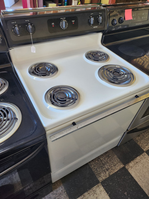 HOTPOINT 30 INCH FREESTANDING ELECTRIC RANGE MANUAL CLEAN OVEN COIL BURNERS 3 SMALL 1 LARGE WHITE LOCATED IN OUR PORTLAND OREGON APPLIANCE STORE SKU 19317