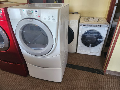 WHIRLPOOL DUET ELECTRIC DRYER WITH PEDESTAL 5 AUTO DRY SETTINGS 3 TIMED 4 TEMPERATURE PLUS AIR DRY WHITE LOCATED IN OUR PORTLAND OREGON APPLIANCE STORE SKU 19331