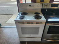 GE 30 INCH FREESTANDING ELECTRIC RANGE COIL BURNERS 2 LARGE 2 SMALL SELF CLEAN OVEN HI LO BROIL OPTION STORAGE DRAWER WHITE LOCATED IN OUR PORTLAND OREGON APPLIANCE STORE SKU 19344