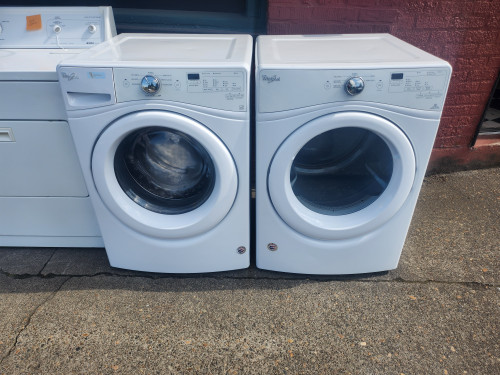 WHIRLPOOL DUET FRONT LOAD SET WASHER 7 CYCLE OPTIONS 4 WATER TEMPERATURES 3 SPEED EXTRA RINSE DRYER 6 DRYING SETTINGS 3 TEMP PLUS AIR DRY WRINKLE GUARD WHITE LOCATED IN OUR PORTLAND OREGON APPLIANCE STORE SKU 19393