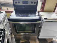 WHIRLPOOL 30 INCH FFEESTANDING ELECTRIC RANGE SMOOTH TOP 4 BURNER 1 LARGE DUAL 1 LARGE 2 SMALL SELF CLEANING OVEN BLACK AND STAINLESS LOCATED IN OUR PORTLAND OREGON APPLIANCE STORE SKU 19396