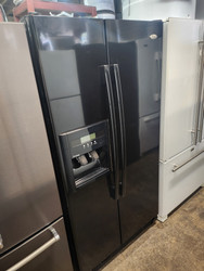 WHIRLPOOL 25 CUBIC FOOT SIDE BY SIDE REFRIGERATOR WITH ICE AND WATER GLASS SHELVES 3 WIRE SHELVES AND PULL OUT BASKET IN FREEZER BLACK LOCATED IN OUR PORTLAND OREGON APPLIANCE STORE SKU 19415
