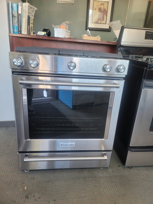 KitchenAid 30 Inch Slide-in Dual Fuel Range with 5 Sealed Burners, 7.1 cu. ft. Even-Heat™ True Convection Oven, 8,000 BTU Oval Burner, Baking Drawer, Aqua Lift Self Clean, Sabbath Mode STAINLESS LOCATED IN OUR PORTLAND OREGON APPLIANCE STORE SKU 19421