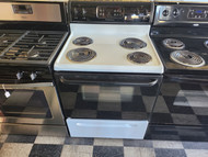 FRIGIDAIRE 30 INCH FREESTANDING ELECTRIC RANGE COIL BURNERS 2 LARGE 2 SMALL SELF CLEANING OVEN BLACK GLASS OVEN DOOR WHITE TOP AND SIDES LOCATED IN OUR PORTLAND OREGON APPLIANCE STORE SKU 19438