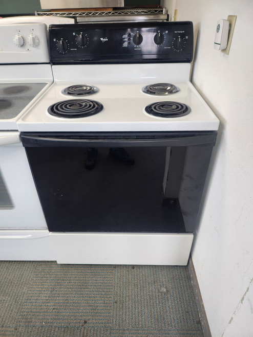 WHIRLPOOL 30 INCH FREESTANDING ELECTRIC RANGE COIL BURNERS 3 SMALL 1 LARGE SELF CLEANING OVEN WHITE WITH BLACK GLASS OVEN DOOR LOCATED IN OUR PORTLAND OREGON APPLIANCE STORE SKU 19487