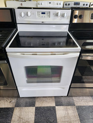 WHIRLPOOL FREESTANDING 30 INCH GLASS TOP ELECTRIC RANGE 4 BURNER 2 LARGE 2 SMALL SELF CLEANING OVEN WHITE LOCATED IN OUR PORTLAND OREGON APPLIANCE STORE SKU 19490