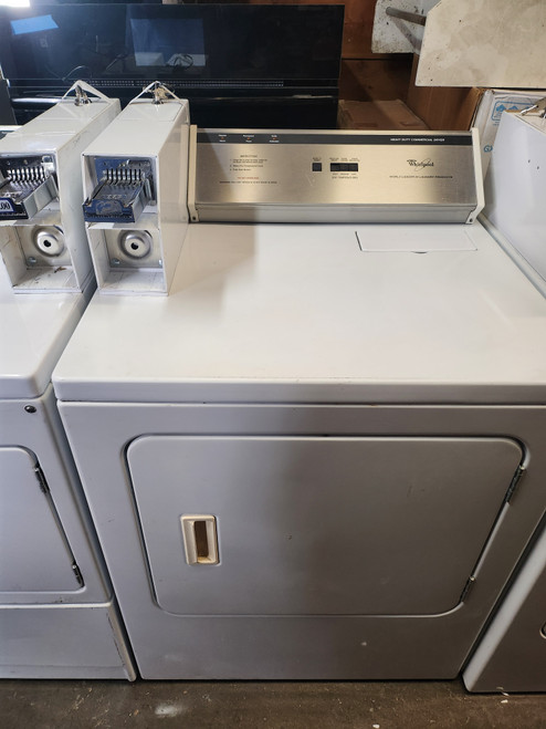 WHIRLPOOL COMMERCIAL COIN OP ELECTRIC DRYER 3 TEMPERATURE SETTING COIL SLIDE AND MONEL BOX INCLUDED SWING OPEN DOOR WHITE LOCATED IN OUR PORTLAND OREGON APPLIANCE STORE SKU 19521