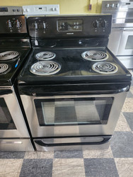 FRIGIDAIRE 30 INCH FREESTANDING ELECTRIC RANGE COIL BURNERS 2 LARGE 2 SMALL SELF CLEANING OVEN STAINLESS AND BLACK LOCATED IN OUR PORTLAND OREGON APPLIANCE STORE SKU 19611
